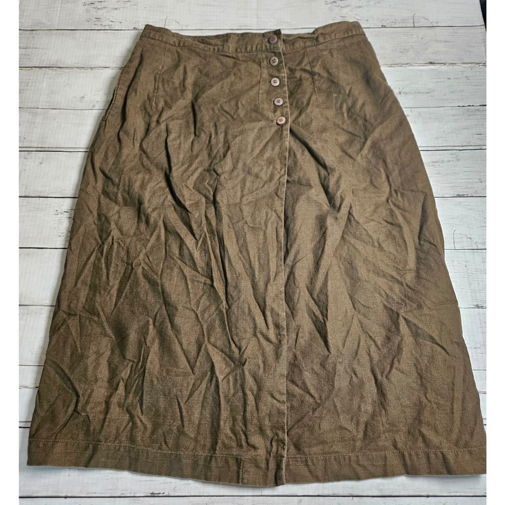 David Pik Brown Linen Cotton Button Front Midi Skirt Pockets Size 14 Vintage
